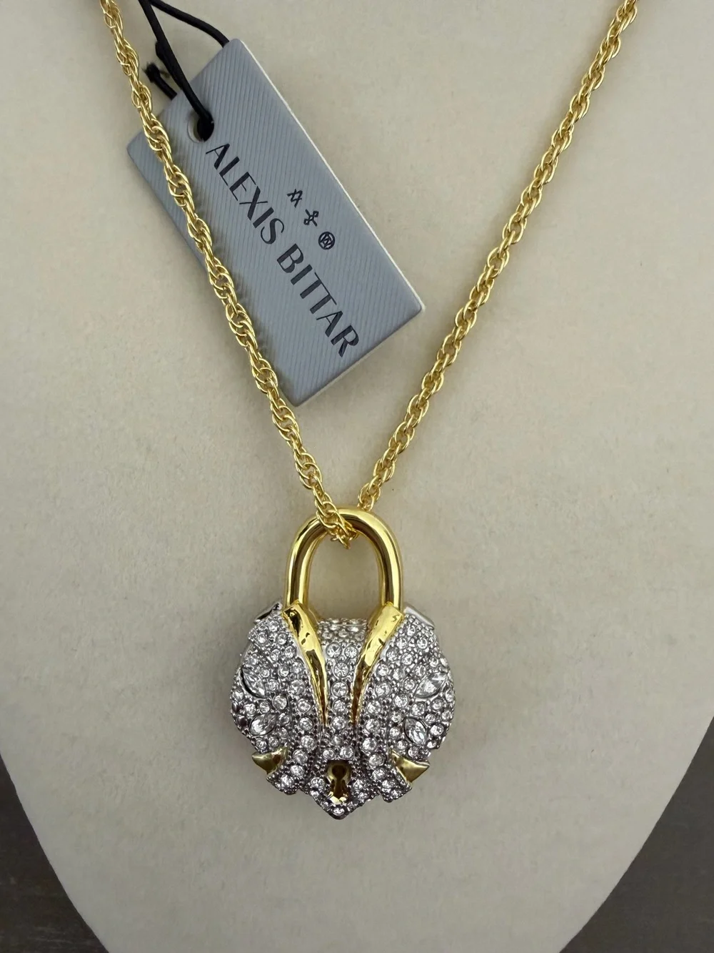 NWT Alexis Bittar Crystal Heart Pavé Padlock Pendant Necklace Gold Tone Chain